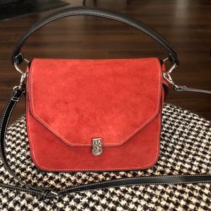 WHBM Handbag - brick red suede & black leather-adjustable/removable strap NWOT